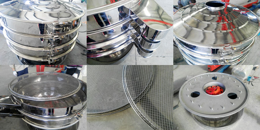 藕粉振動篩細(xì)節(jié)：鎖緊扣，出料口，防塵蓋，篩網(wǎng)，振動底座。