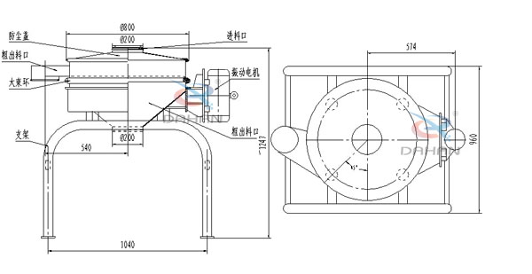 單振源直排篩機構和持續:防塵蓋(mm):800進料口(mm):200結構;防塵蓋,大束環,支架,振動電機,進料口等。
