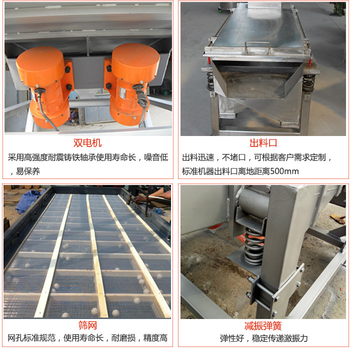 線振動篩配件優(yōu)勢：雙電機采用高強度耐震鑄鐵軸承使用壽命長，噪音低，易保養(yǎng)，出料口：出料迅速，不堵口，可根據(jù)客戶需求定制標(biāo)準(zhǔn)機器出料口離地距離500mm。篩網(wǎng)：網(wǎng)孔標(biāo)準(zhǔn)規(guī)范，使用壽命長，耐磨損，精度高。減震彈簧彈性好，穩(wěn)定傳遞激振力。