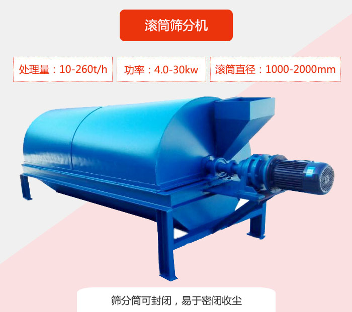 滾筒篩分機：處理能力：10-260t/h  功率：4.0-30kw 滾筒直徑：1000-2000mm 篩分筒可封閉，易于密閉收塵