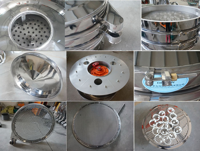 里外剖光振動(dòng)篩細(xì)節(jié)：防塵蓋拋光效果，篩框拋光效果，振動(dòng)篩底座拋光效果，振動(dòng)篩網(wǎng)架拋光效果等。