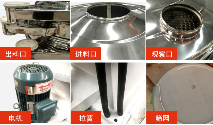 搖擺篩細節展示：出料口，進料口，觀察口，電機，拉簧，篩網等。