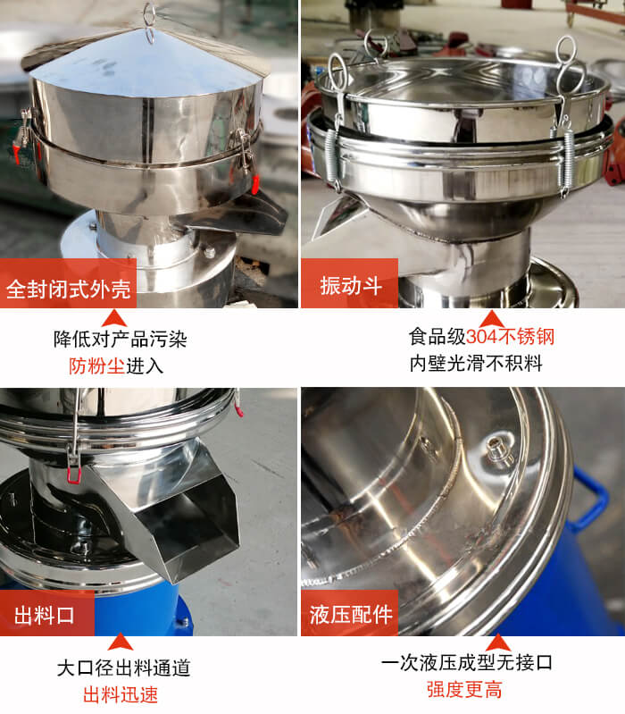 450過濾篩機(jī)結(jié)構(gòu)組成:全封閉式外殼設(shè)計(jì):對(duì)產(chǎn)品的污染低,防塵粉進(jìn)入電機(jī)內(nèi)部延長設(shè)備壽命。振動(dòng)斗:食品304不銹鋼篩斗,內(nèi)壁光滑不存在積料現(xiàn)象。出料口,大口徑出料通道,出料迅速,提高工作效率。液壓配件:一次液壓成型無接口強(qiáng)度更高。