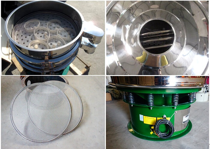 單層振動篩細節(jié)：篩網(wǎng)，進料口，振動彈簧，彈跳球。